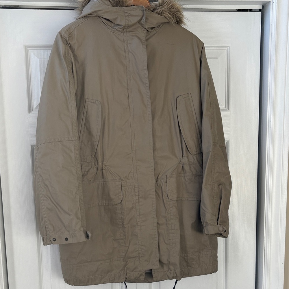 Coach khaki  3 in 1 hooded removable fur trim/liner parka EUC